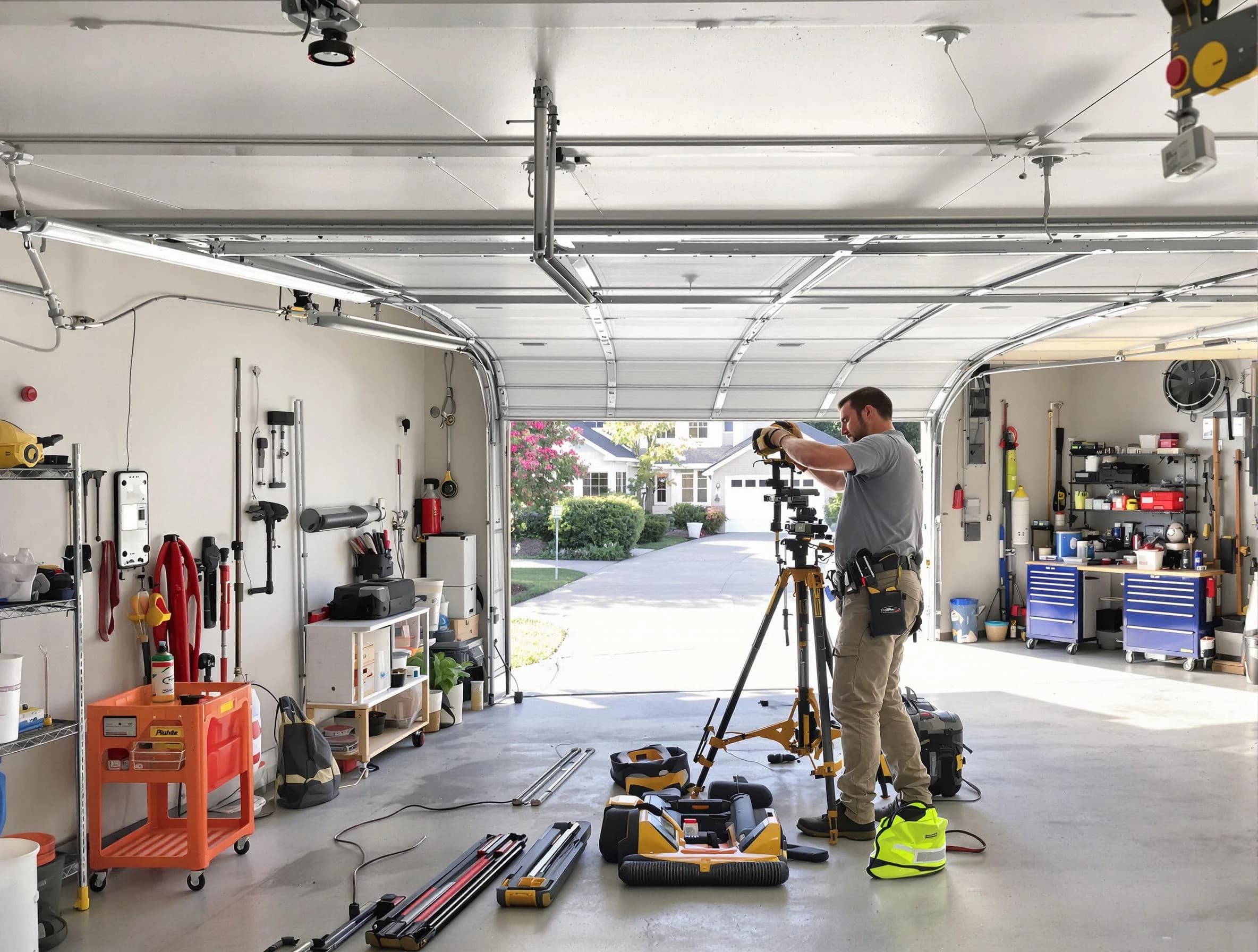Marshfield Garage Door Repair specialist performing laser-guided track alignment in Marshfield