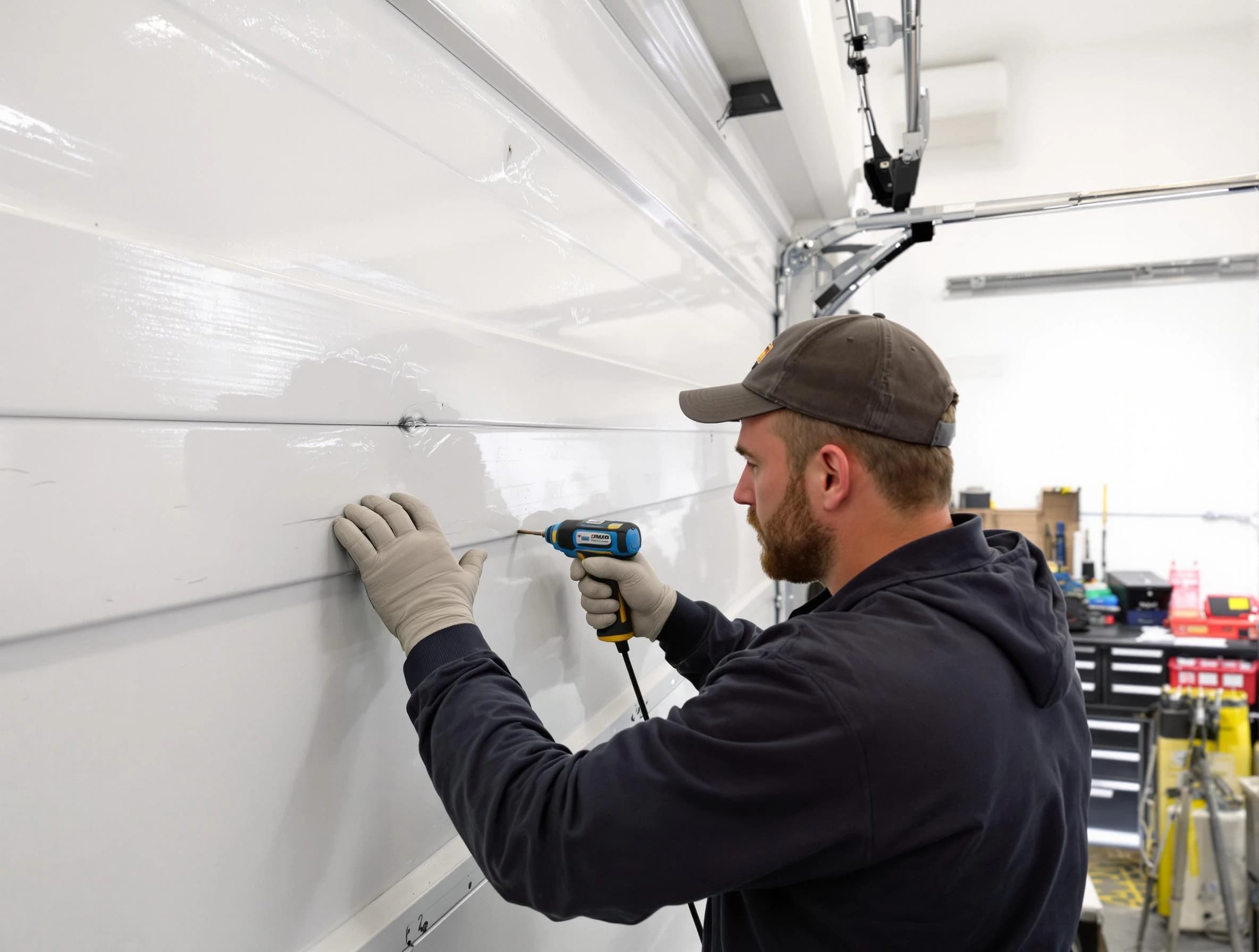 Marshfield Garage Door Repair technician demonstrating precision dent removal techniques on a Marshfield garage door